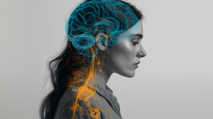 Double Exposure Woman with Brain Activity – Cognitive Functions, Stress, Confused Thoughts, Mental Health Concept