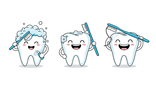 Cartoon tooth characters demonstrate dental hygiene practices with toothbrush and dental floss to promote healthy teeth and oral care.