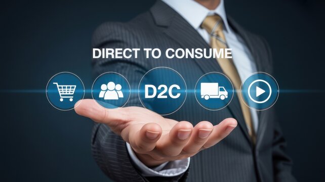 Businessman presenting direct to consumer concept with icons in his hand