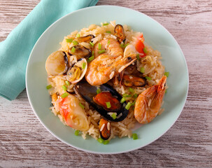 Mixed seafood with rice, served