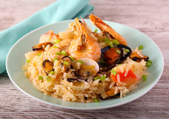 Mixed seafood with rice, served