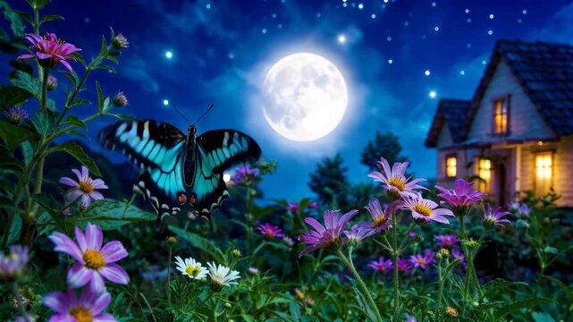 Butterflies flutter among the moonlit flowers