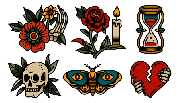 Vibrant Tattoo-Style Illustrations Featuring Flowers, Clock, Skeleton, and Heart Design