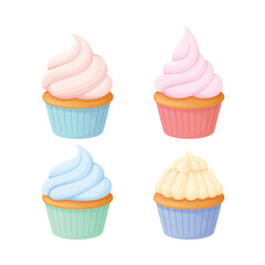 Set of different delicious cupcakes with cream. Fruits cupcakes for design on white background.
