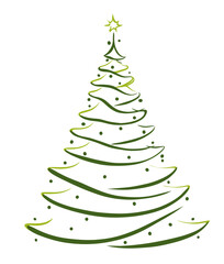 illustration: abstract green drawing of a christmas tree in curly lines isolated on white or transparent png