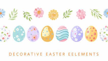 A charming collection of decorative easter eggs and floral elements in soft pastel colors perfect for spring celebrations and designs
