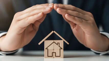 A persons hands forming a protective gesture over a small wooden house model, symbolizing home insurance, property protection, real estate investment, and the concept of securing ones future and asset