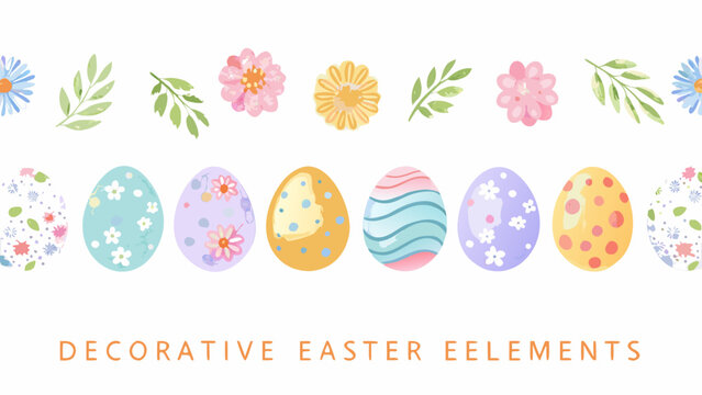 A charming collection of decorative easter eggs and floral elements in soft pastel colors perfect for spring celebrations and designs