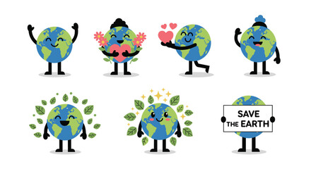 A collection of cute cartoon earth characters promoting environmental awareness and Earth Day themes.
