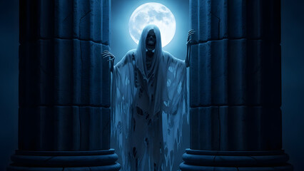 Ethereal ghost figure emerging from stone pillars under the light of a full moon