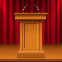 Press conference with microphones on tribune vector illustration. Journalism, interview, public speech concept.
