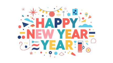 illustration template featuring festive happy new year design elements with a modern flat design style, incorporating vibrant colors, bold typography with png Transparent 