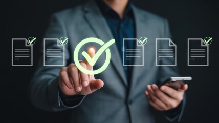 Businessman using a digital interface to complete tasks with checklist system