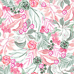 seamless pattern with pink watercolor flowers
