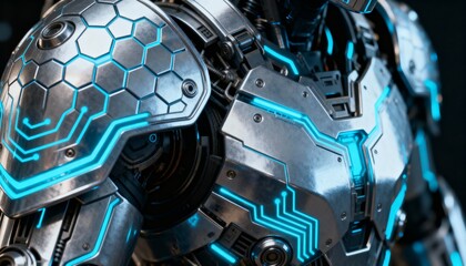 Futuristic robotic chest plate detail with glowing cyan circuit lines and metallic texture, representing advanced technology and cybernetic future
