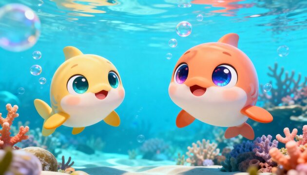 Adorable cartoon shark character swimming underwater with colorful coral reef and bubbles, creating a joyful and whimsical ocean scene