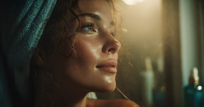 Woman, skincare and spray with face mist in bathroom for hydration, dermatology or beauty cosmetic. Female person, and wellness in home with facial product, glowing skin and hyaluronic acid benefits.