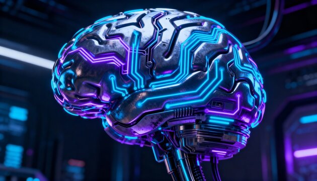 Futuristic cybernetic brain with neon blue and purple circuit board pathways, symbolizing artificial intelligence and advanced technology