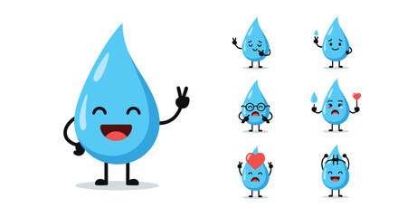A collection of cute cartoon water droplets expressing various emotions and gestures.