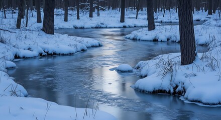 Fototapeta premium Winter Stream Flowing Through Snowy Forest river