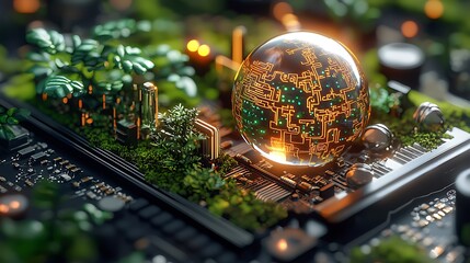 Green circuit board ecosystem with glowing digital sphere, integrating lush moss and plants for sustainable technology concept.