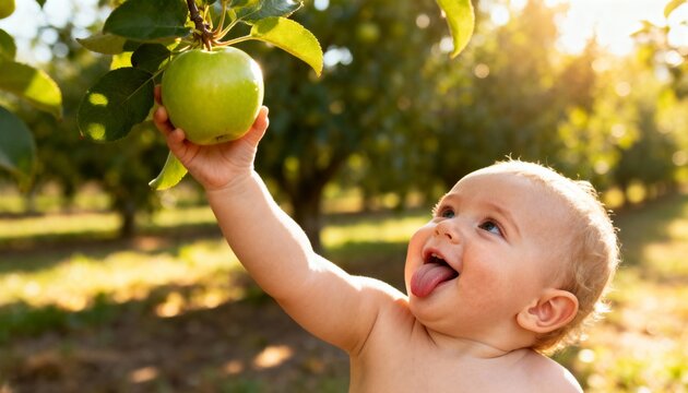 Joyful baby reaching for ripe apple in sun-drenched orchard, evoking delight and healthy growth in soft natural light.