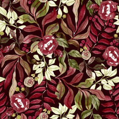 Dark watercolor seamless pattern with flowers