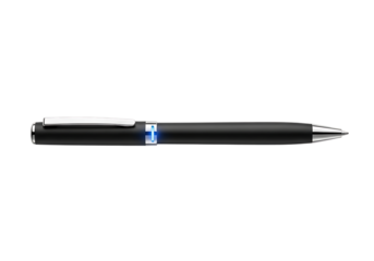Sleek black ballpoint pen with silver clip and blue accent isolated on transparent background