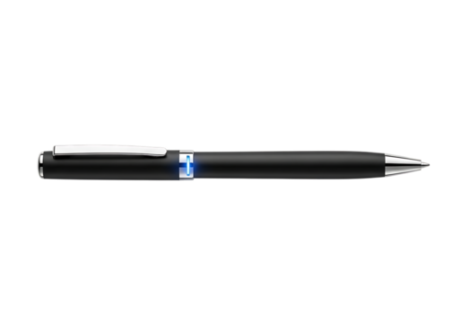 Sleek black ballpoint pen with silver clip and blue accent isolated on transparent background