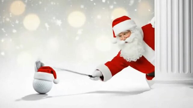 A man dressed as a festive figure hits a golf ball wearing a red hat. It is a representative visual for holiday, sport and winter.