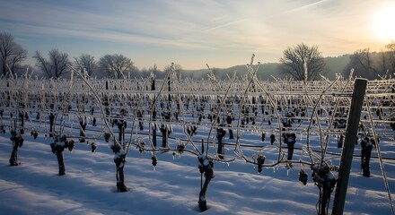 Vineyard in winter with icy vines and snow covered ground wine grapes