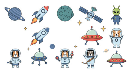 Naklejka premium Cute cartoon space elements including rockets, planets, aliens, and astronaut animals with UFOs, perfect for children's designs or space-themed projects.