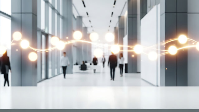 Modern office space with bright lights and blurred figures of people walking through a spacious corridor