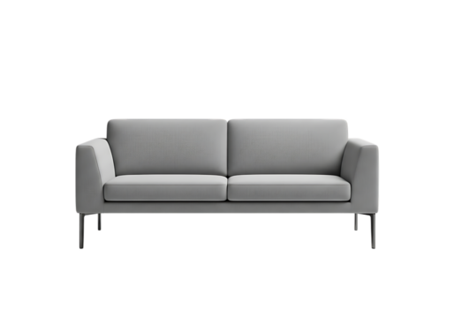 Modern light gray upholstered two seater sofa with slender metal legs isolated on transparent background