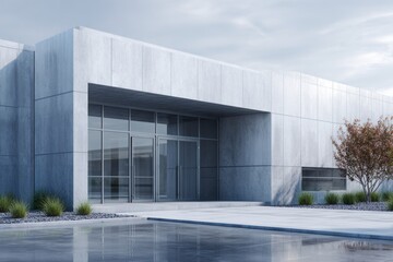 Fototapeta premium Modern architectural building with glass doors and concrete facade.