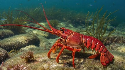 A vibrant red lobster with long, slender antennae and a segmented body, swimming in a sandy ocean floor with green seaweed and small fish.