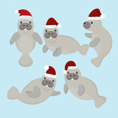Cute Christmas manatee wearing Santa hat in five poses – vector cartoon illustration