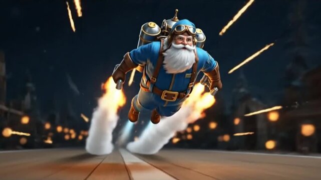 Animation of a bearded man with a jetpack soaring through a dark forest at night, represents journey, flight, progress, fantasy, adventure and modern folklore