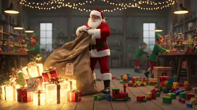 Santa Claus filling a sack with glowing gift box in a workshop, represents giving, sharing, magic, gift, surprise, and the spirit of holiday season