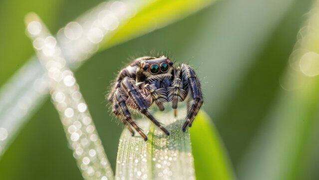 A blue jumping spider with green eyes on a green leaf with dew drops.