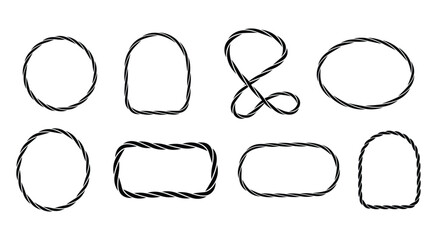 Collection of eight Vector illustration black twisted rope frames on white background