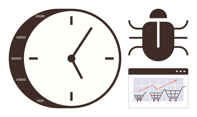 Clock with ticking hands, insect icon, and shopping cart analytics in a browser window. Ideal for efficiency, debugging, e-commerce, time management, strategy, productivity simple flat metaphor