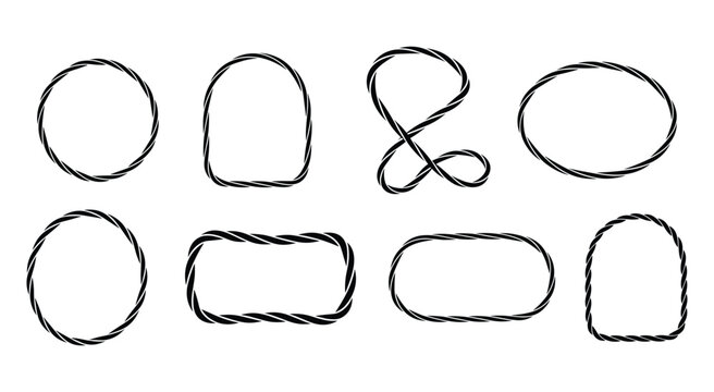 Collection of eight Vector illustration black twisted rope frames on white background