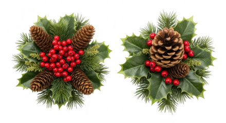 Christmas wreath elements with pine cones and holly berries, isolated on transparent background