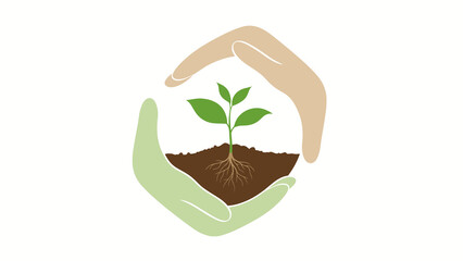 Vector illustration of hands protecting growing plant for environment care