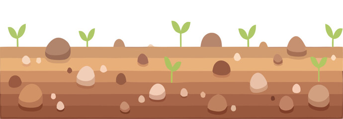 Illustration of soil layers with plants growing and stones cartoon