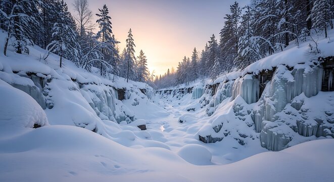Snowy Gorge with Frozen Waterfalls and Pine Trees at Sunrise winter canyon