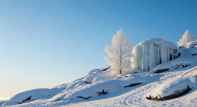 Snowy hillside with frosted trees and icicles under clear blue sky winter - Powered by Adobe