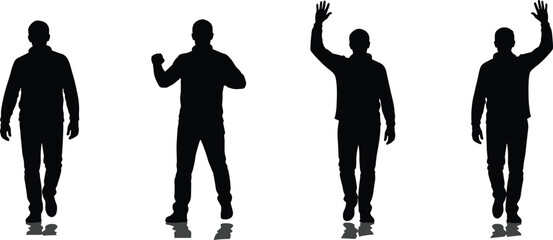 Silhouette illustration of men walking, waving, and posing in various casual gestures, representing communication, confidence, movement, modern lifestyle, and expressive body language.