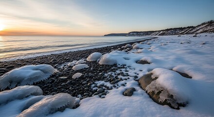 Snowy Pebble Beach With Ice Formations By The Ocean At Sunset winter